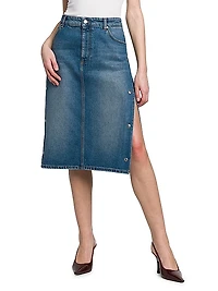 Side-Snap Denim Midi-Skirt