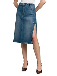 Side-Snap Denim Midi-Skirt