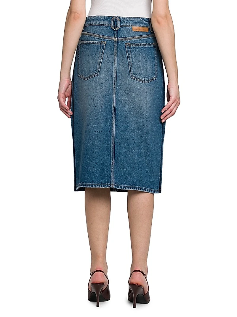 Side-Snap Denim Midi-Skirt