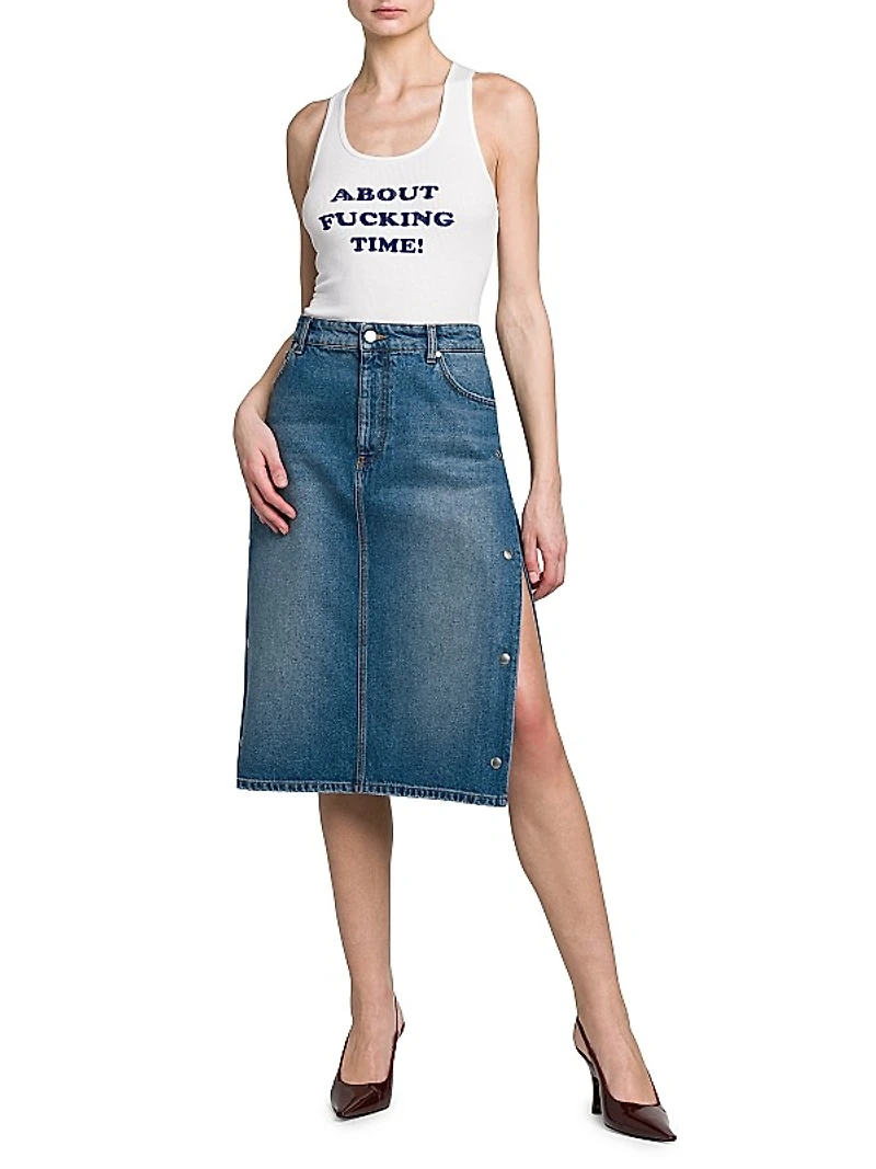 Side-Snap Denim Midi-Skirt