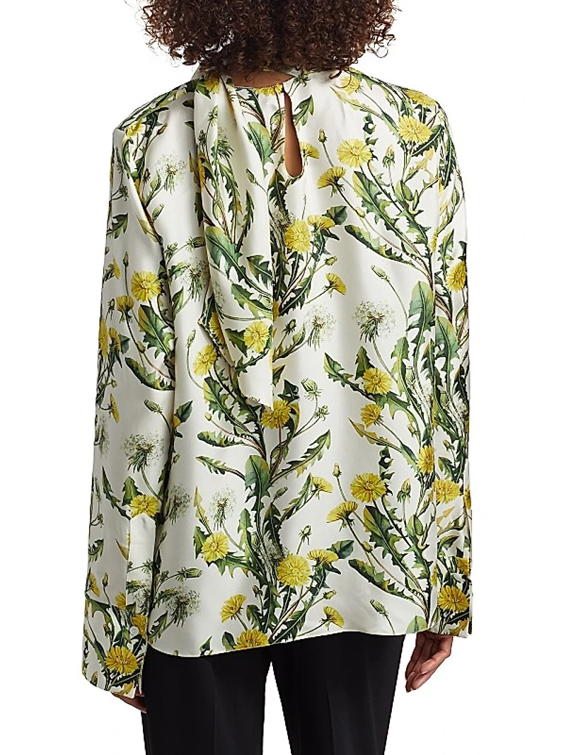 Floral Silk Twill Tieneck Blouse