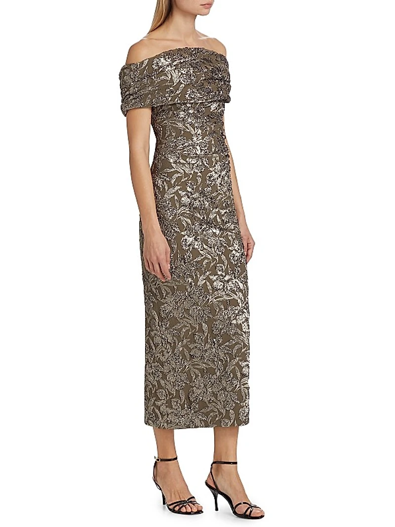 Metallic Orchid Jacqaurd Off-the-Shoulder Cocktail Dress