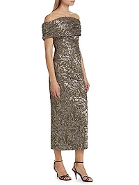 Metallic Orchid Jacqaurd Off-the-Shoulder Cocktail Dress