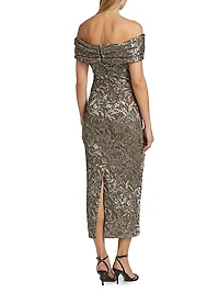 Metallic Orchid Jacqaurd Off-the-Shoulder Cocktail Dress