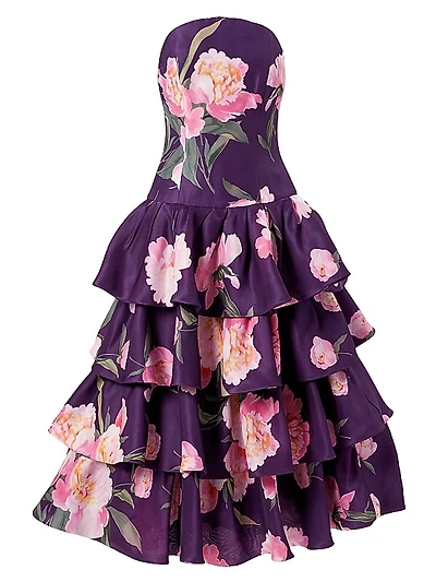Floral Silk Strapless Ruffle Midi-Dress