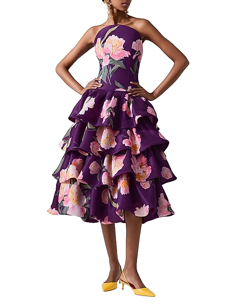 Floral Silk Strapless Ruffle Midi-Dress