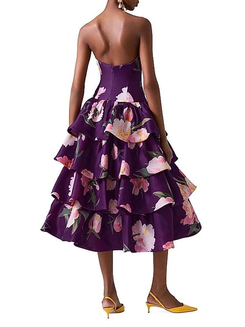Floral Silk Strapless Ruffle Midi-Dress