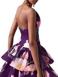 Floral Silk Strapless Ruffle Midi-Dress