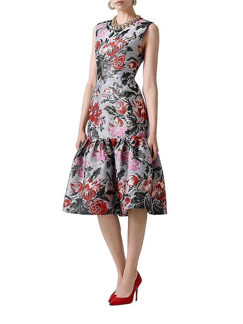Floral Jacquard Flounce Midi-Dress