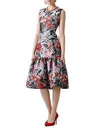Floral Jacquard Flounce Midi-Dress
