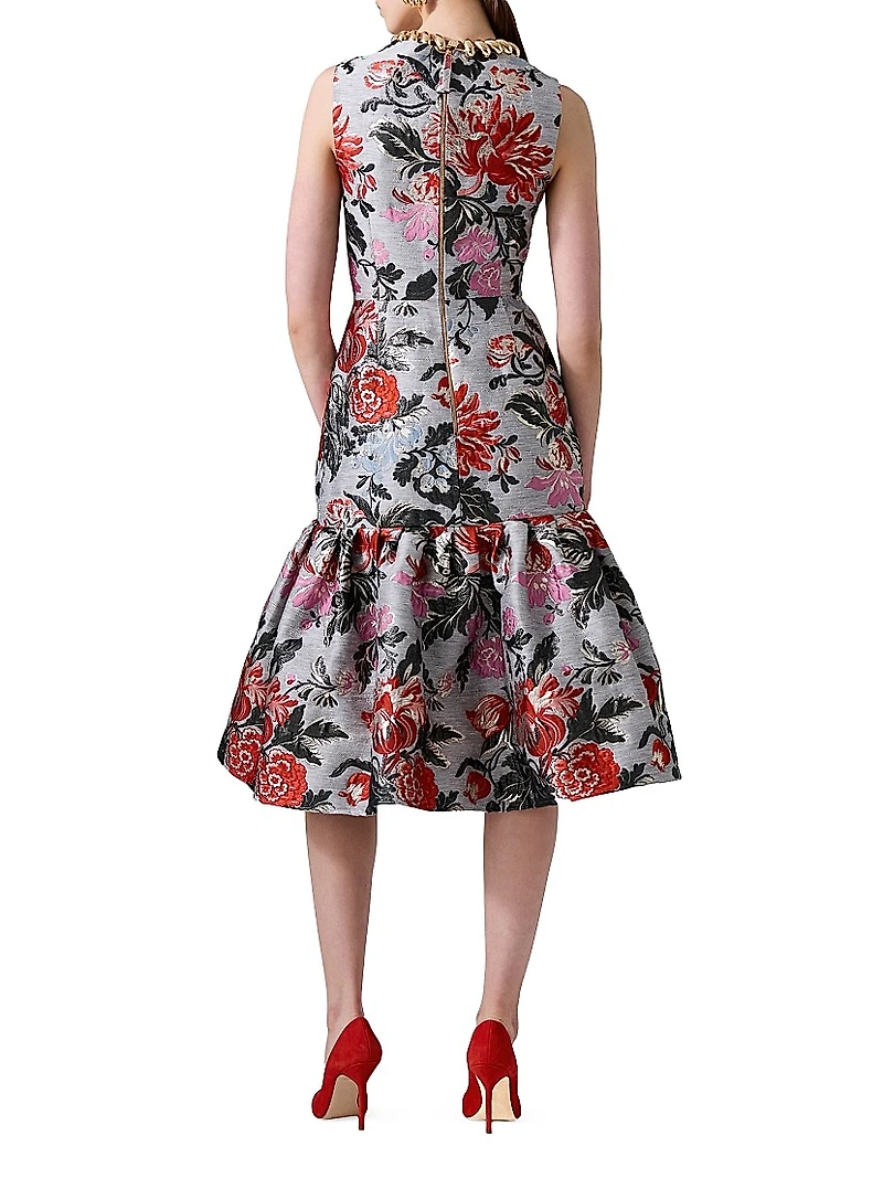 Floral Jacquard Flounce Midi-Dress