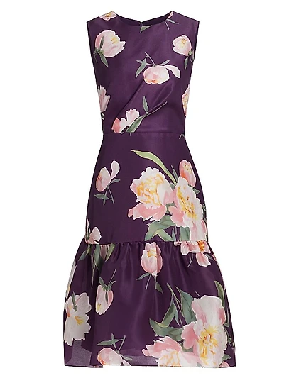 Floral Silk Gathered Midi-Dress