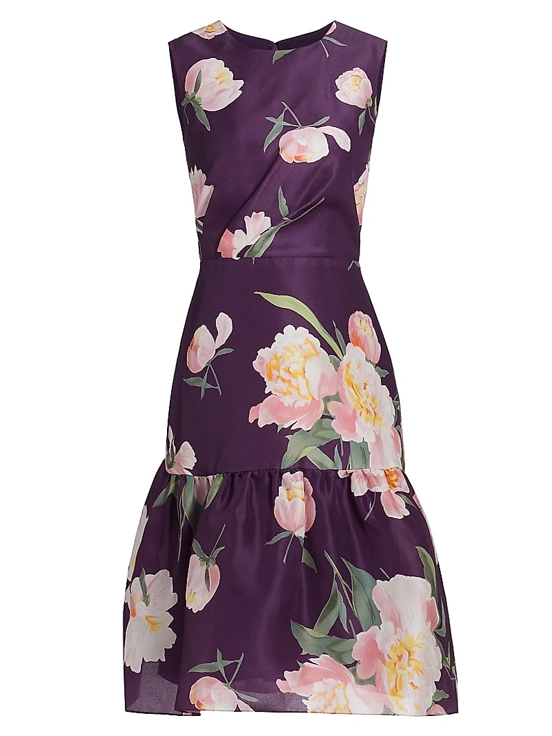Floral Silk Gathered Midi-Dress