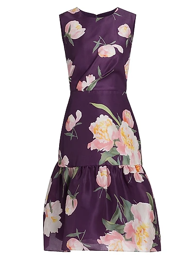 Floral Silk Gathered Midi-Dress
