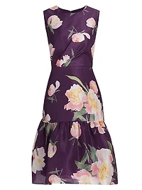 Floral Silk Gathered Midi-Dress