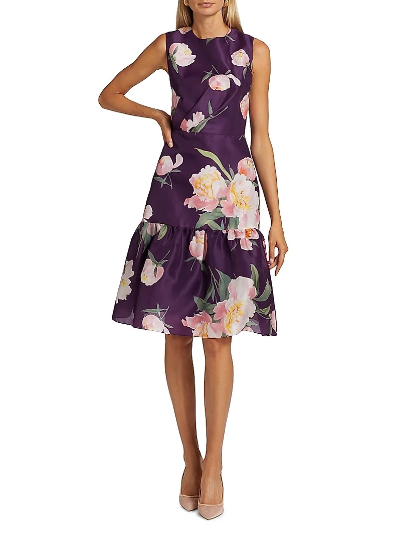 Floral Silk Gathered Midi-Dress