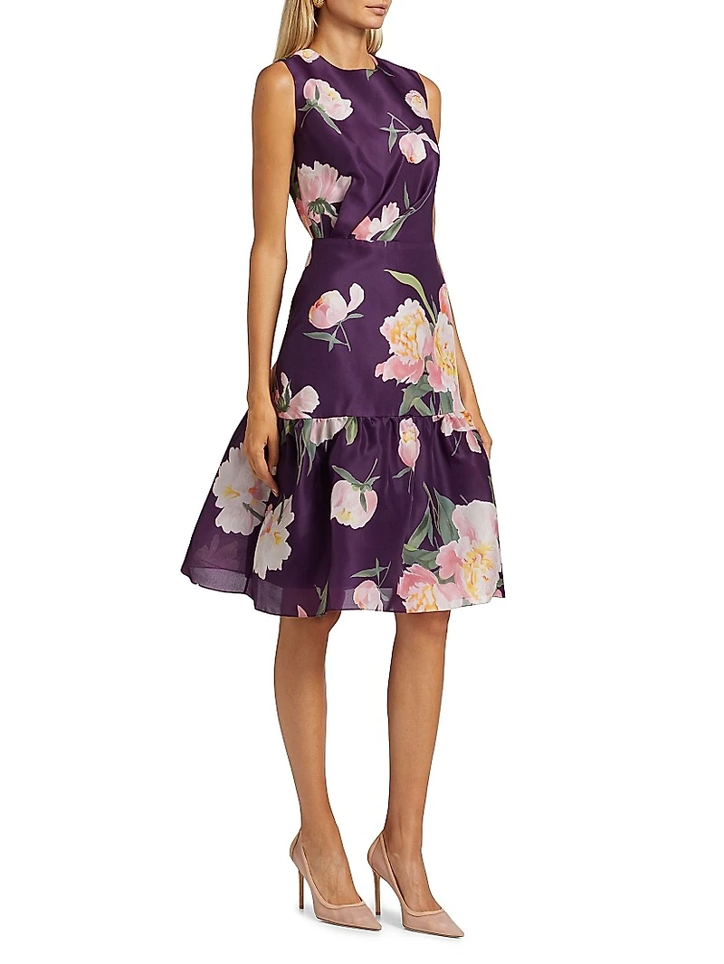 Floral Silk Gathered Midi-Dress