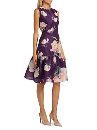 Floral Silk Gathered Midi-Dress