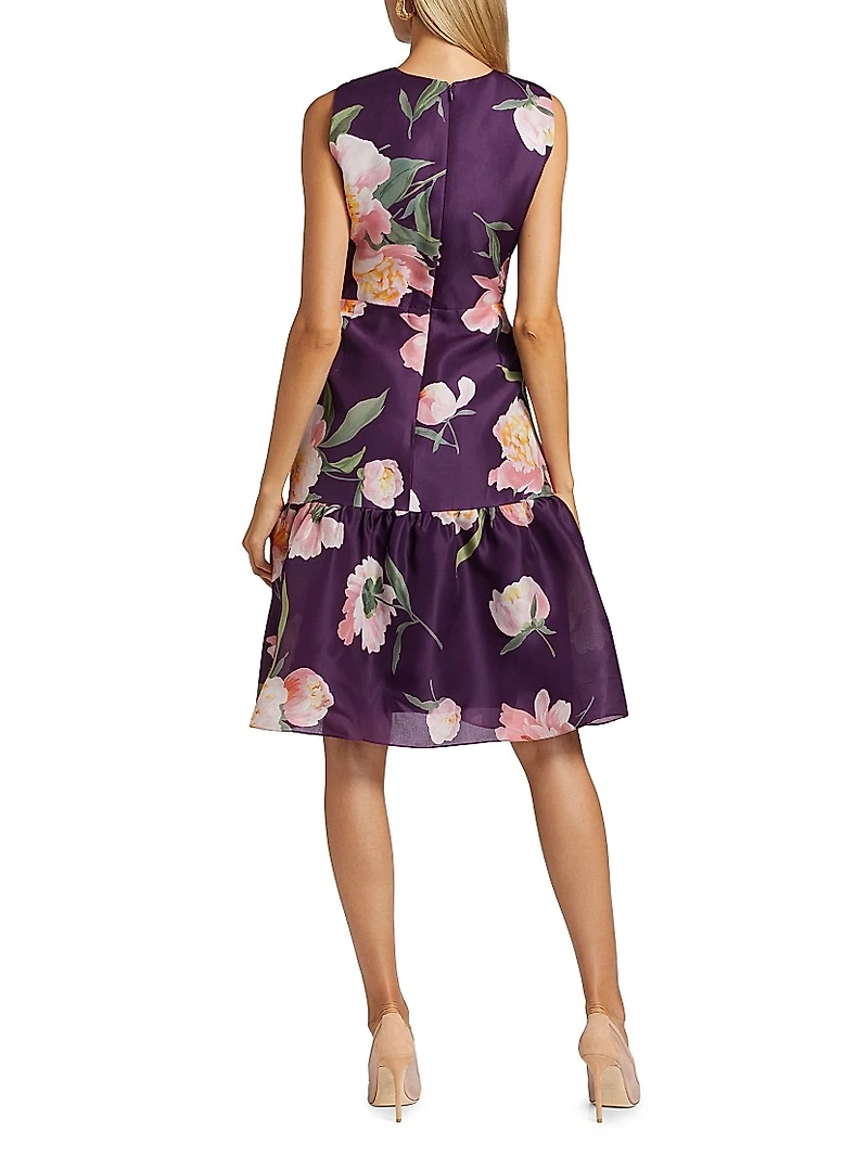 Floral Silk Gathered Midi-Dress