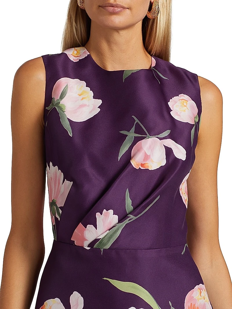 Floral Silk Gathered Midi-Dress