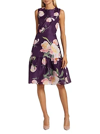 Floral Silk Gathered Midi-Dress