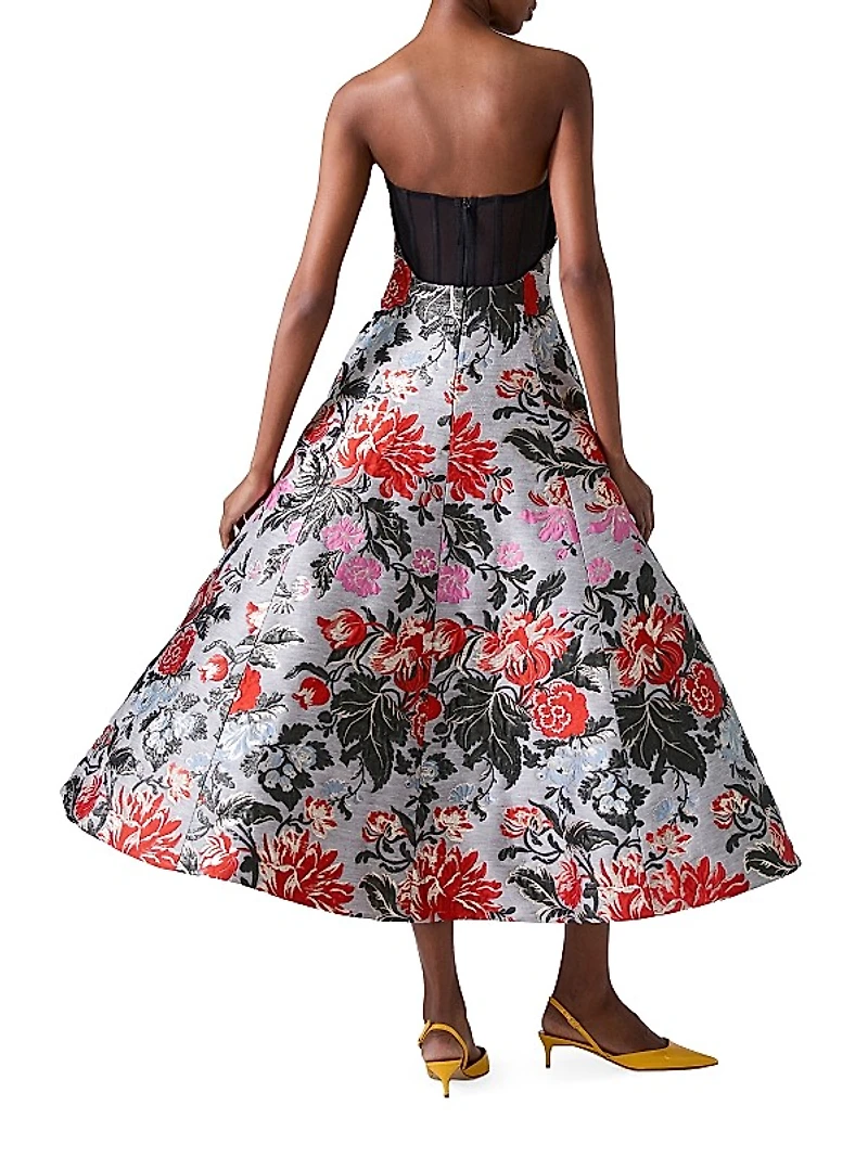 Floral Jacquard Strapless A-Line Dress