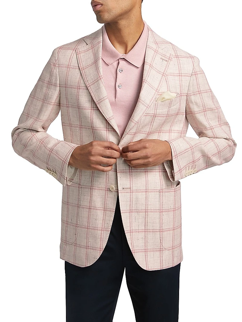 COLLECTION Windowpane Check Linen-Wool Single-Breasted Blazer