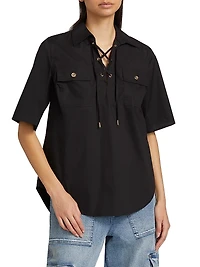 Cotton Lace-Up Short-Sleeve Shirt