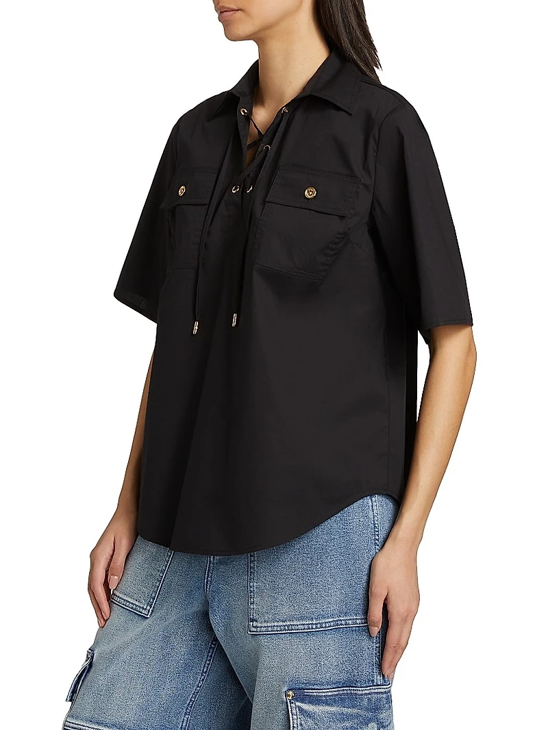 Cotton Lace-Up Short-Sleeve Shirt