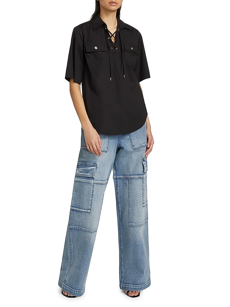 Cotton Lace-Up Short-Sleeve Shirt