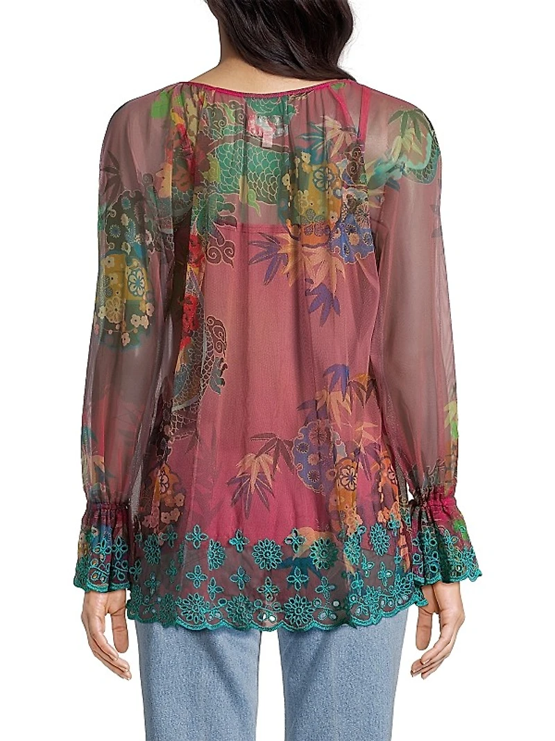 Mazzy Floral Mesh Peasant Blouse