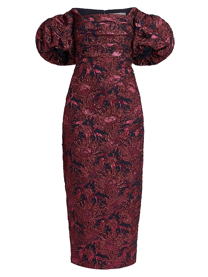 Floral Jacquard Puff-Sleeve Sheath Dress