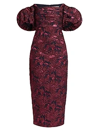 Floral Jacquard Puff-Sleeve Sheath Dress