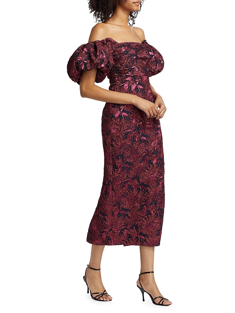 Floral Jacquard Puff-Sleeve Sheath Dress