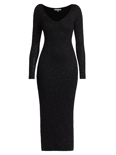Sequin Knit V-Neck Midi-Dress