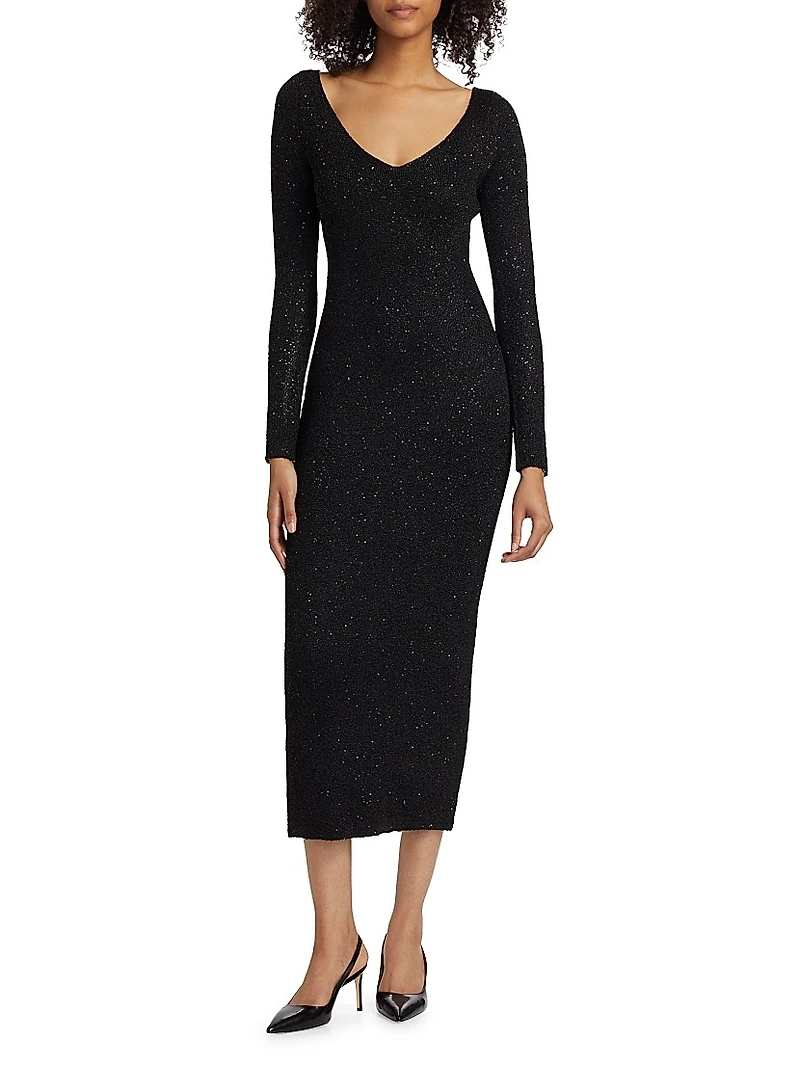 Sequin Knit V-Neck Midi-Dress