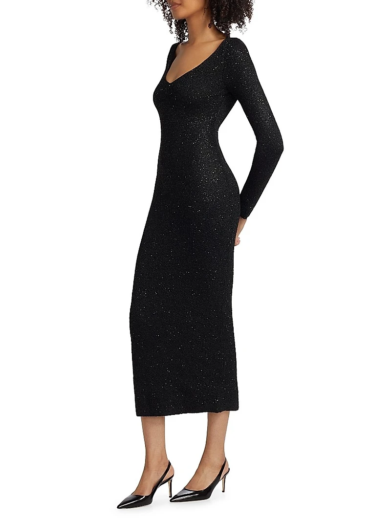 Sequin Knit V-Neck Midi-Dress