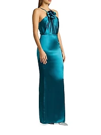 Satin Rosette Appliqué Body-Con Gown