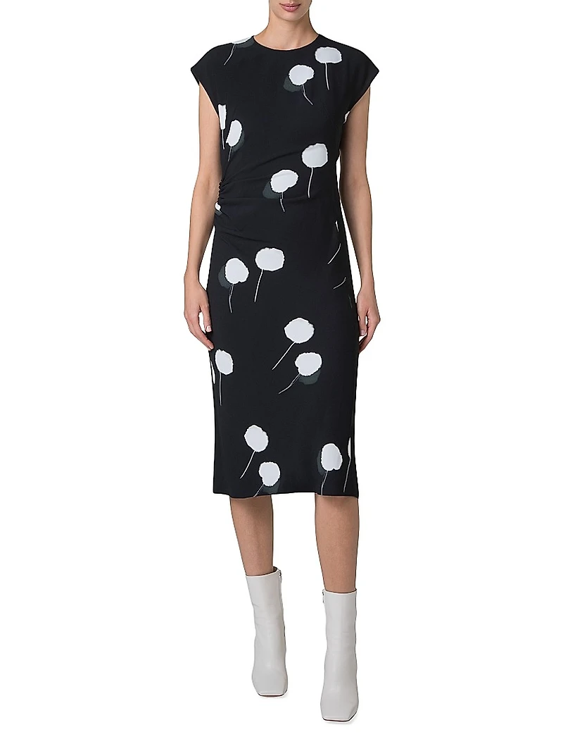 Dandelion Print Crêpe Midi-Dress