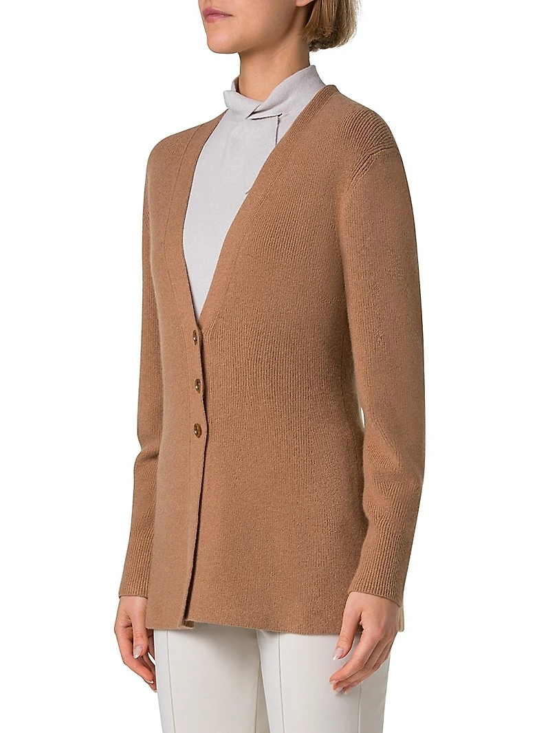 Stretch Cashmere Rib-Knit V-Neck Cardigan