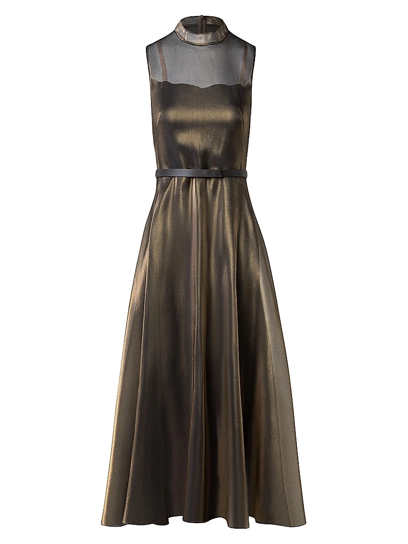 Metallic Silk-Blend Fit & Flare Sleeveless Midi-Dress