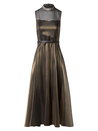 Metallic Silk-Blend Fit & Flare Sleeveless Midi-Dress