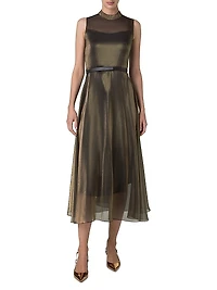 Metallic Silk-Blend Fit & Flare Sleeveless Midi-Dress