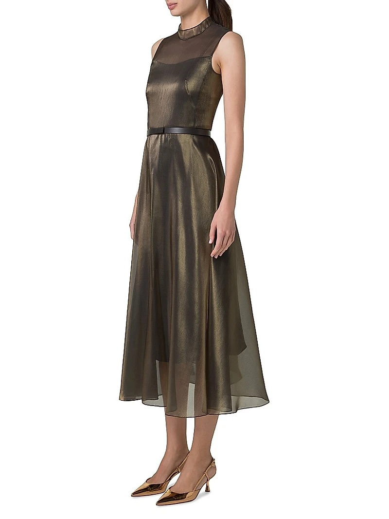 Metallic Silk-Blend Fit & Flare Sleeveless Midi-Dress
