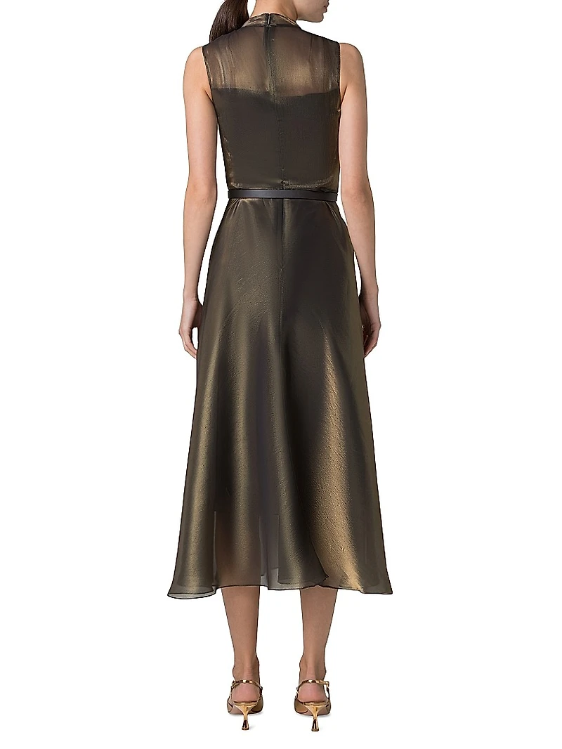Metallic Silk-Blend Fit & Flare Sleeveless Midi-Dress