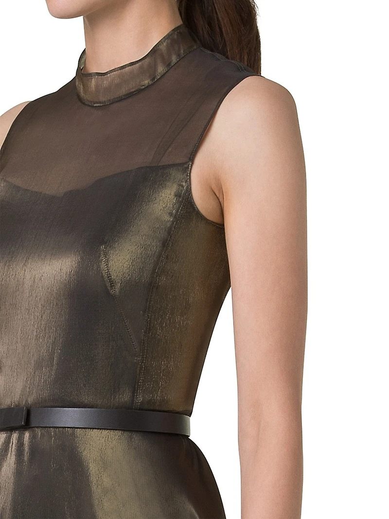 Metallic Silk-Blend Fit & Flare Sleeveless Midi-Dress