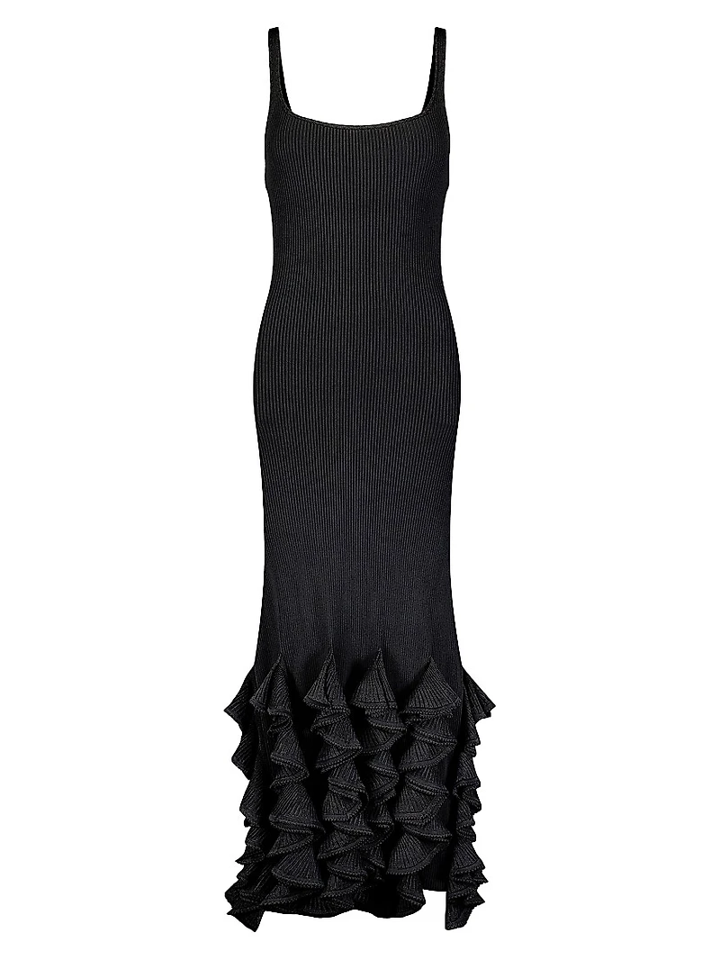 Ribbed Ruffle-Hem Midi-Dress