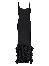 Ribbed Ruffle-Hem Midi-Dress