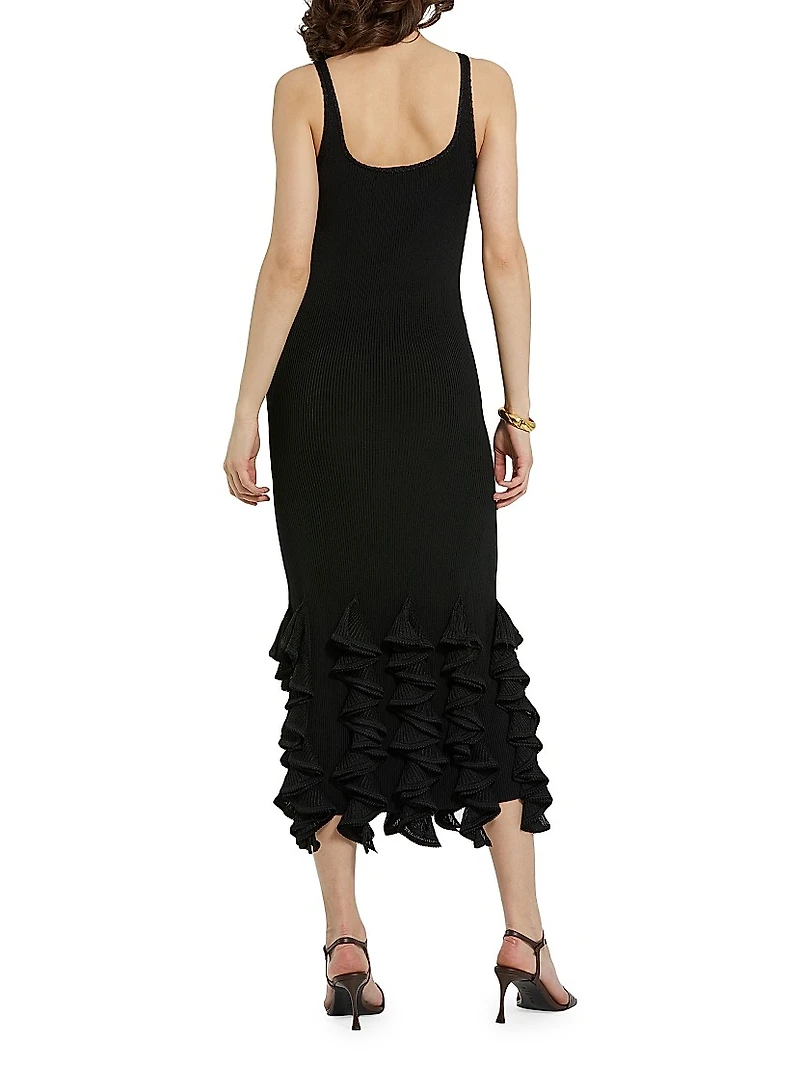 Ribbed Ruffle-Hem Midi-Dress