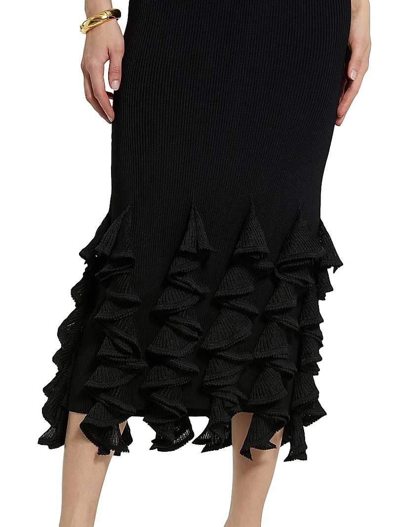 Ribbed Ruffle-Hem Midi-Dress